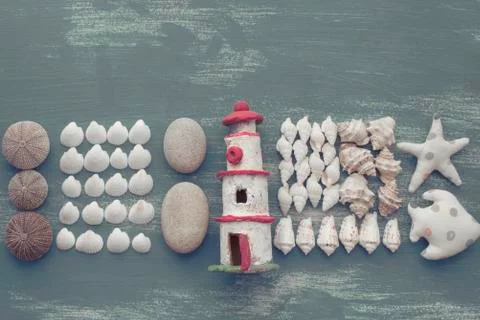 Composition of a set of shells stones pebbles star hedgehog wooden background Stock Photos