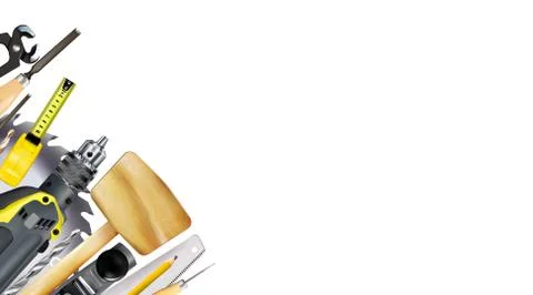 Composition of set tools of joinery, carpentry craft on white background Stock Illustration