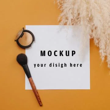 Composition of setting powder and brush next to cereal bouquet over orange. Stock Photos