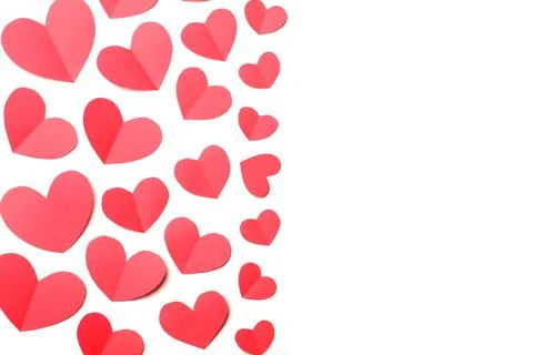 Composition from several red paper hearts on white background isolated 스톡 사진