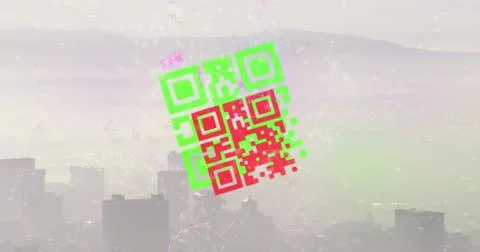 Composition of shapes and qr codes over cityscape Stock Illustration