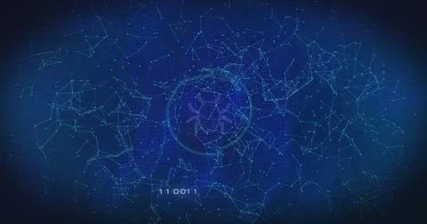 Composition of shapes and spots over bug icon on blue background Ilustração Stock