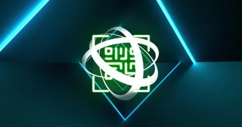 Composition of shapes with qr code over light trails on black background Stock Illustration