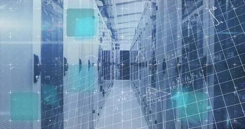 Composition of shapesand mathematical equations over server room Ilustração Stock