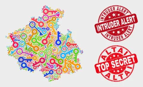 Composition of Shield Altai Republic Map and Scratched Intruder Alert Stamp Seal 库存插图