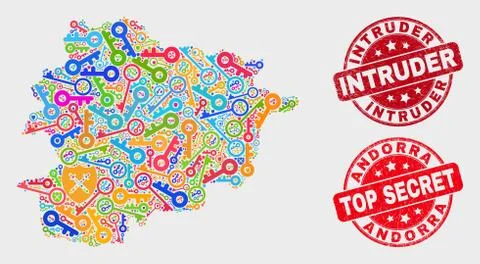 Composition of Shield Andorra Map and Scratched Intruder Stamp Seal 库存插图