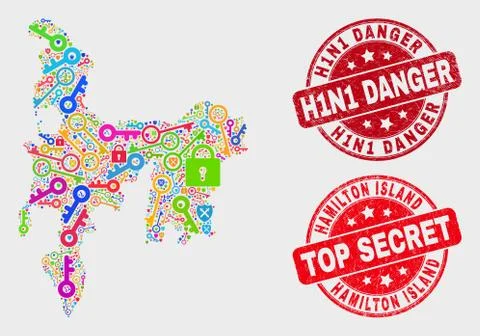 Composition of Shield Hamilton Island Map and Scratched H1N1 Danger Seal Stock Illustration