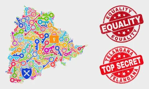 Composition of Shield Telangana State Map and Grunge Equality Stamp Seal 스톡 일러스트