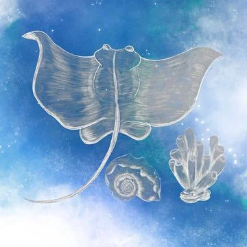 A composition of shining silver contour illustrations of a stingray, shells a Stock Illustration