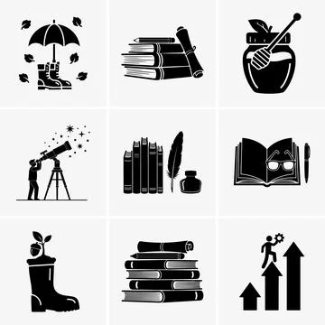Composition showcases diverse educational themed icons including growth arrow Stock Illustration