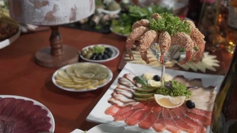 The composition of shrimp stands out among various other dishes. Stock Footage 230285820