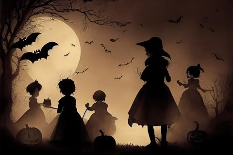 Composition of silhouette children in the halloween night Stock Illustration