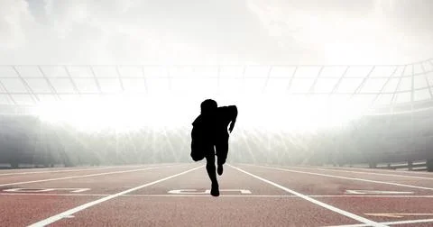 Composition of silhouette of man running on stadium over light blur Ilustração Stock
