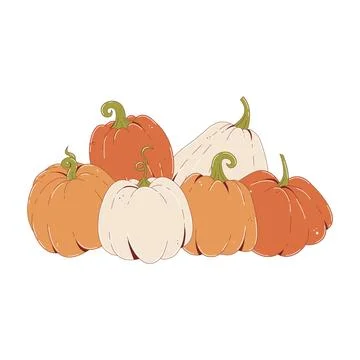 Composition of six pumpkins. Red, orange and gray vegetables. Concept for a.. Illustrazione stock