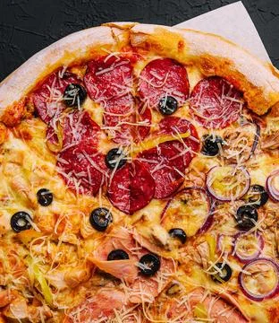 Composition with slices of different delicious pizzas Stock Photos
