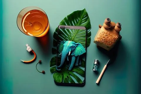 Composition of a smartphone, a beverage, starfish earbuds, and monstera leaves Stock Illustration