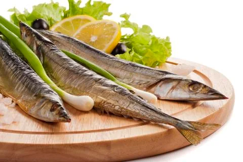 A composition with smoked saira Stock Photos