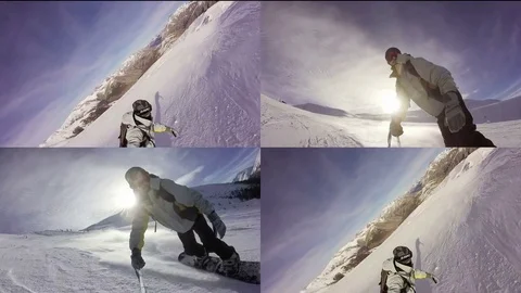 Composition of Snowboarder Selfie Stick Stock Footage 71343595