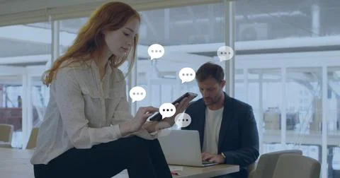 Composition of social media data processing over caucasian businesswoman with Stock Photos