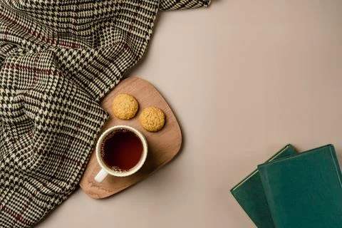 Composition with soft plaid, cup of tea and book. Copy space Stock Photos