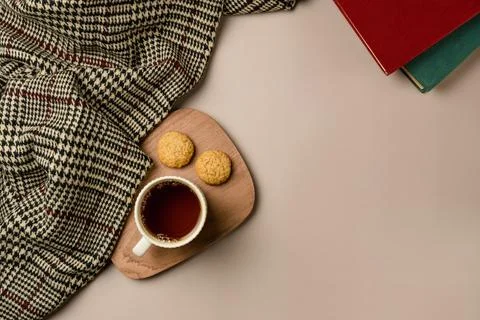 Composition with soft plaid, cup of tea and book. Copy space Stock Photos