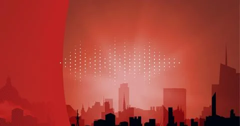 Composition of sound frequency dot level meter over red and black cityscape with Stock Photos