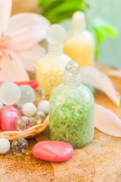 Composition spa bathing salts natural flavors Foto stock