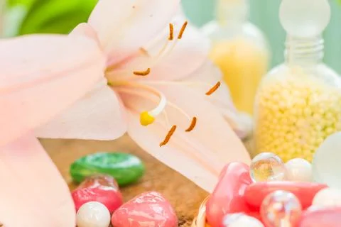Composition spa bathing salts natural flavors Stock Photos