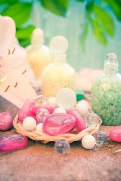 Composition spa bathing salts natural flavors Stock Photos
