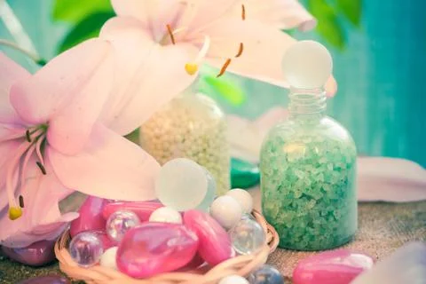 Composition spa bathing salts natural flavors Stock Photos