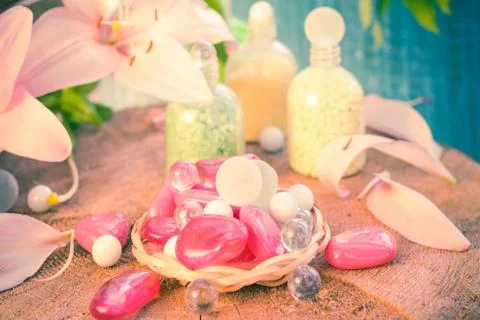 Composition spa bathing salts natural flavors Stock Photos