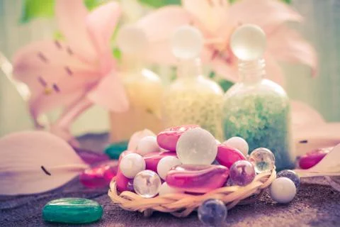 Composition spa bathing salts natural flavors Stock Photos