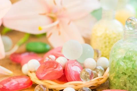 Composition spa bathing salts natural flavors Stock Photos