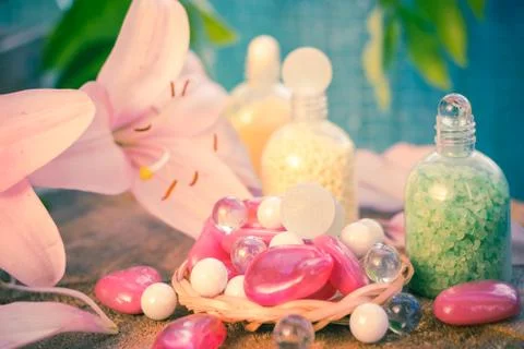 Composition spa bathing salts natural flavors Stock Photos