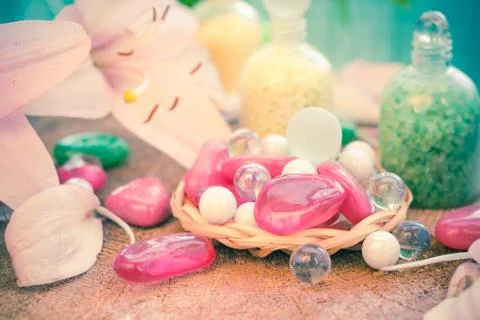 Composition spa bathing salts natural flavors Stock Photos