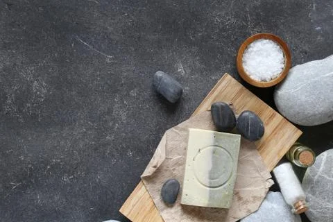 Composition of spa treatment on dark table Top view Stock Photos
