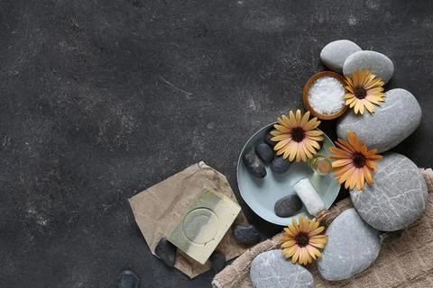 Composition of spa treatment on dark table Top view Stock Photos