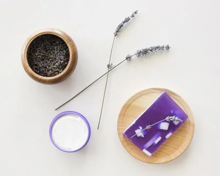 Composition spa treatment soap lavender Stock Photos