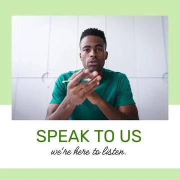 Composition of speak to us we're here to listen text and african american man Stock Photos