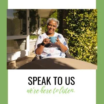 Composition of speak to us we're here to listen text and biracial woman Stock Photos