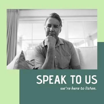 Composition of speak to us we're here to listen text and senior caucasian man Stock Photos