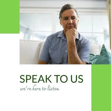 Composition of speak to us we're here to listen text and senior caucasian man Stock Photos