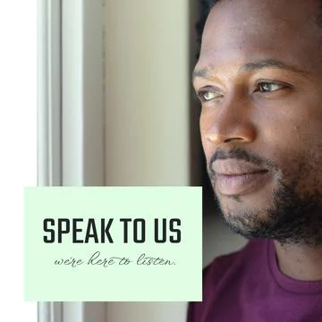 Composition of speak to us we're here to listen text and african american man Stock Photos