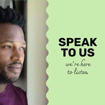 Composition of speak to us we're here to listen text and african american man Stock Photos