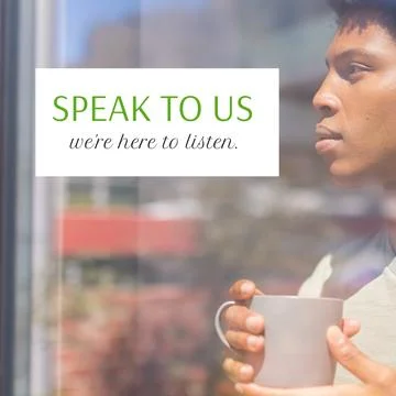 Composition of speak to us we're here to listen text and african american man Stock Photos