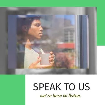 Composition of speak to us we're here to listen text and african american man Stock Photos