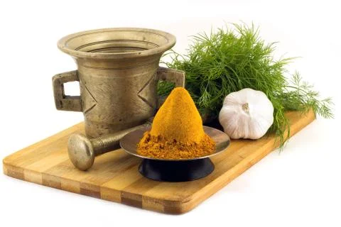 Composition of spices, Imerin saffron, dill, garlic, vintage spice grinder .. Stock Photos