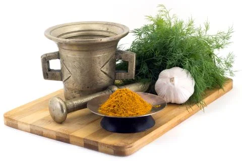 Composition of spices, Imerin saffron, dill, garlic, vintage spice grinder .. Stock-Fotos