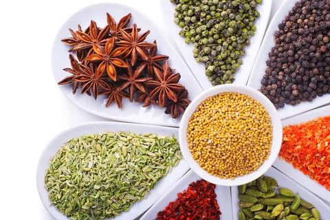 Composition of spices over white Foto stock
