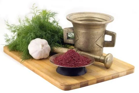 Composition of spices,Beetroot spice for vegan soups , dill, garlic, vintage  Stock Photos